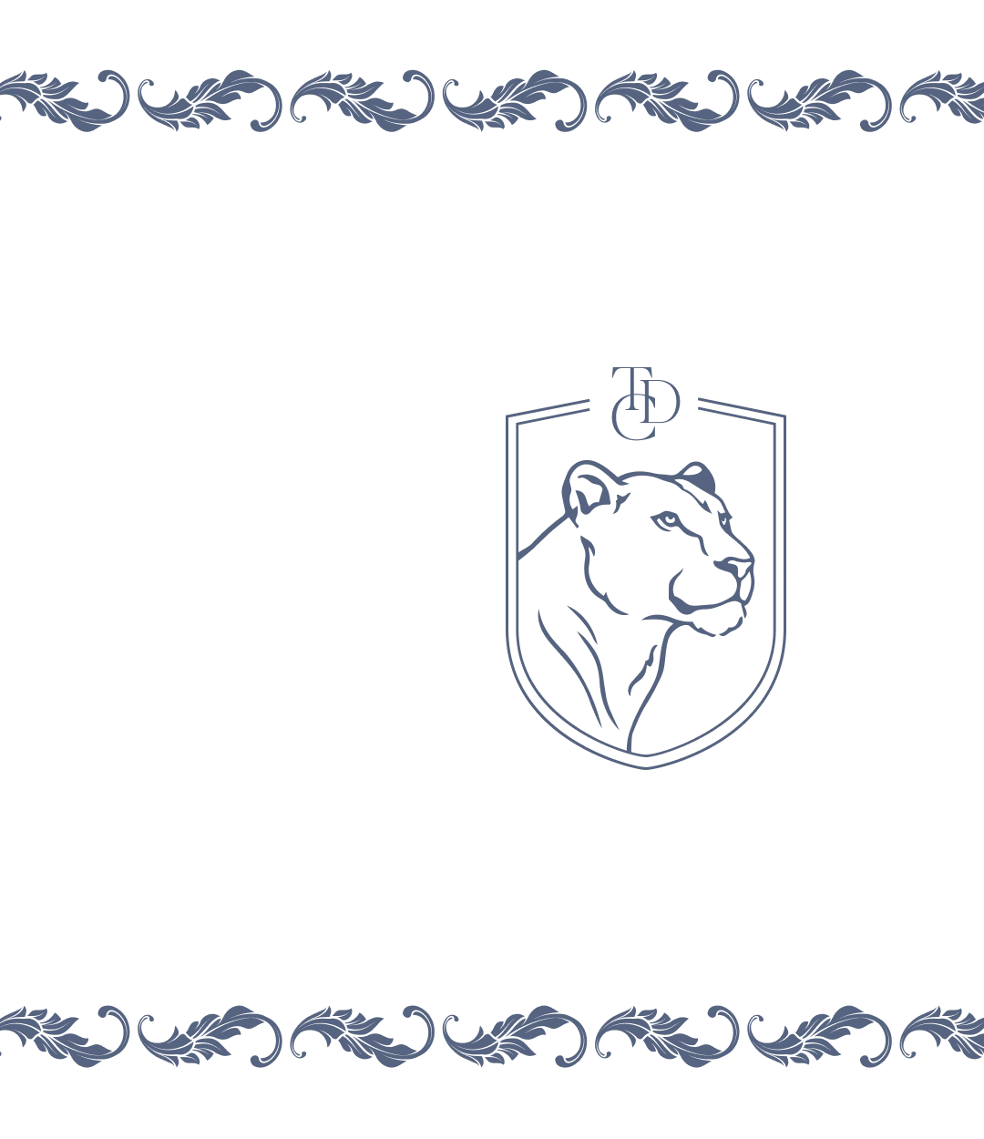 Desktop_Home_Advanced_Procedures_Graphic A line drawing of a big cat in a shield with overlapping initials “TD” above it, centered between decorative leaf-like borders at the top and bottom on a white background.